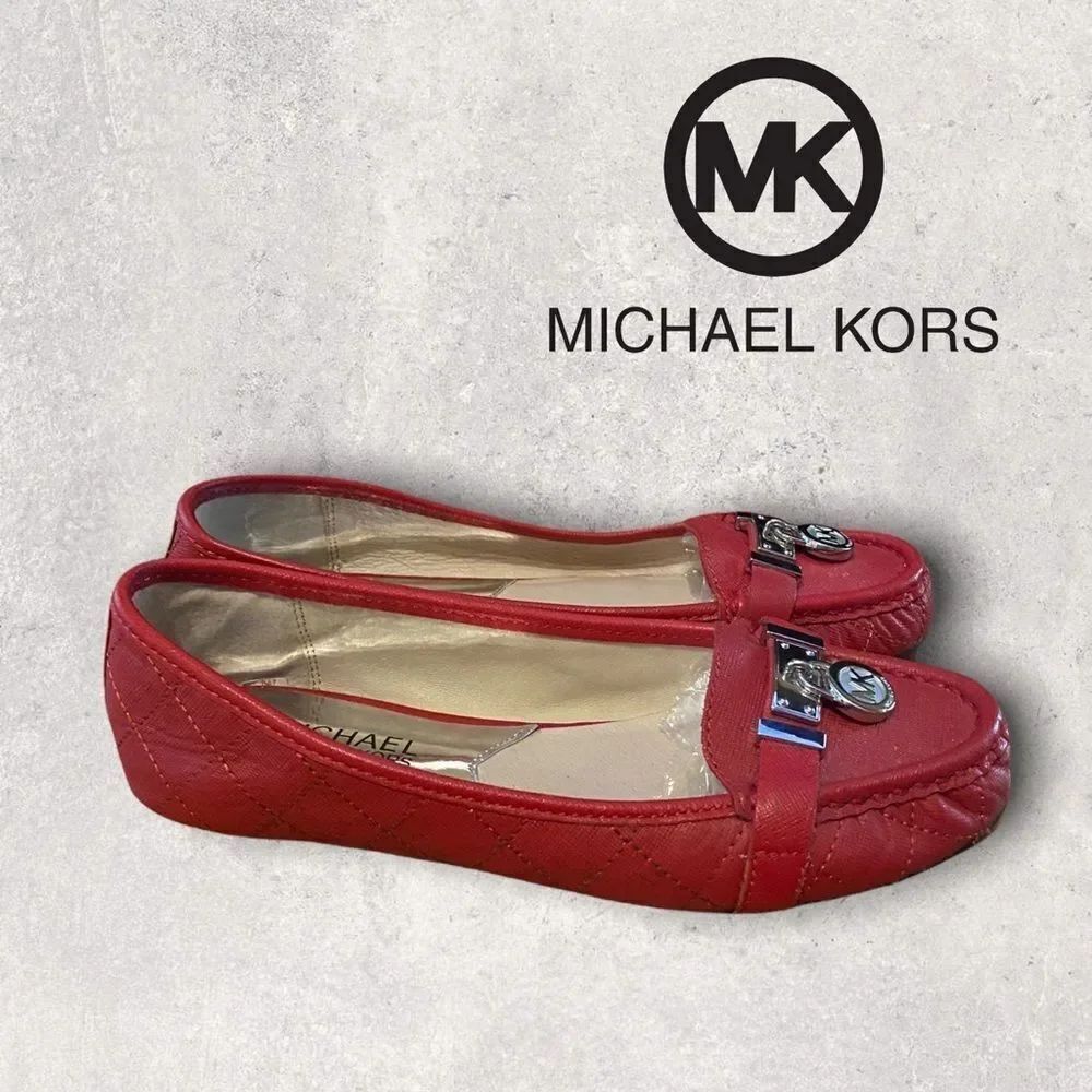 Michael Kors Red Slip-on Silver MK Charm Loafers Flats 5.5